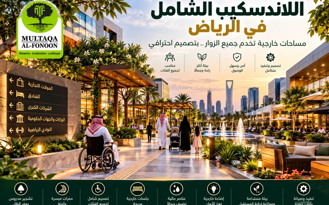 تصميم لاندسكيب شامل للمشاريع الكبرى والمولات والفنادق بالرياض من ملتقى الفنون، مع ممرات ميسرة وجلسات ومساحات خضراء.